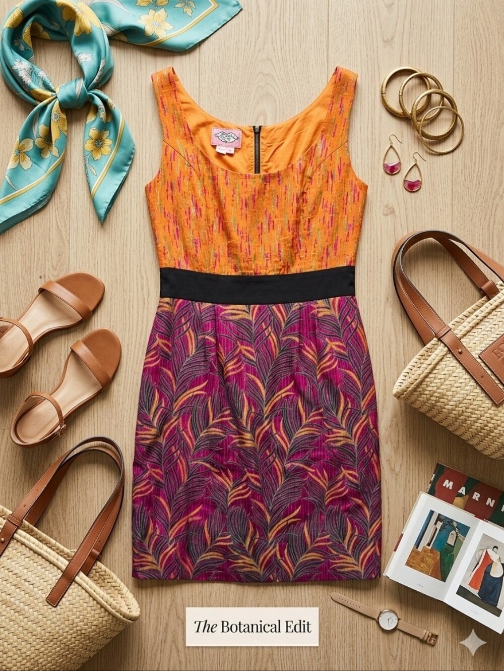 Phoebe Couture Orange Bodice Magenta Leaf-Print Dress